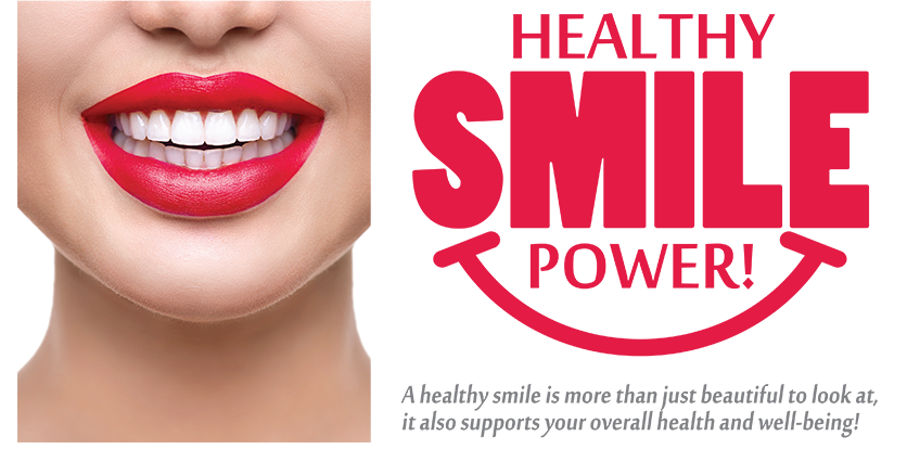 The image features a woman's face with red lipstick, overlaid with text that reads 'HEALTHY SMILE POWER' and includes a graphic of a smile.